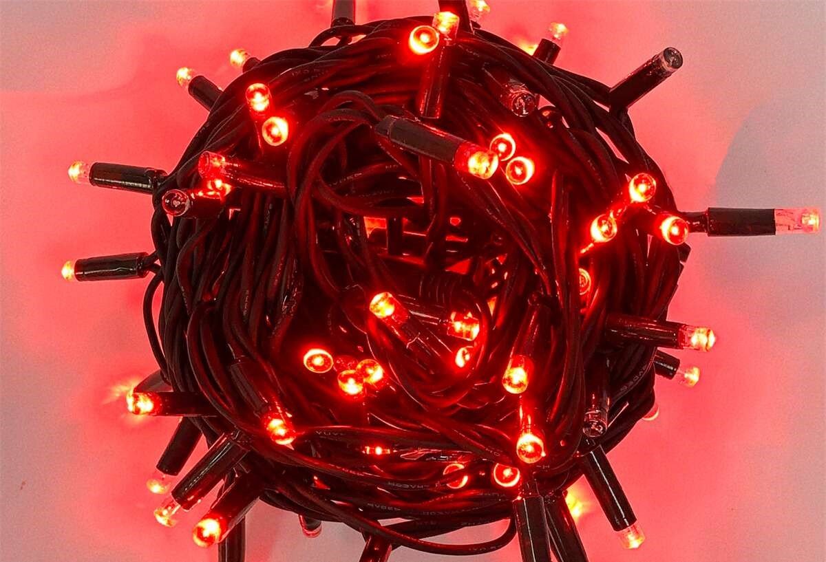 Catena Luminosa di Luci Led IP65 10 Metri Con 100 Led Filo Nero Luce Rosso Con Connettore Allungabile